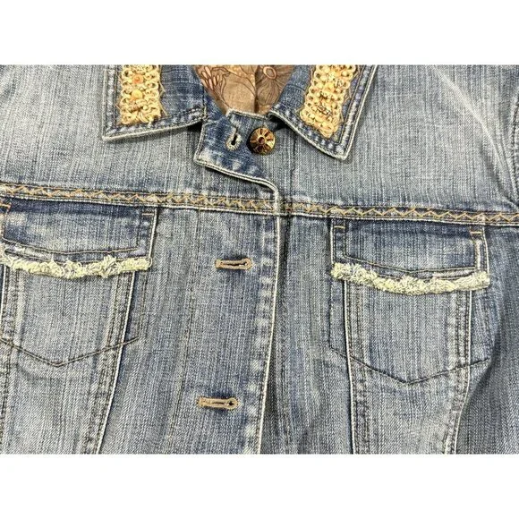 Elie Tahari Womens Beaded Collar Denim Jacket Floral Lining Button Front Size L - Picture 14 of 16